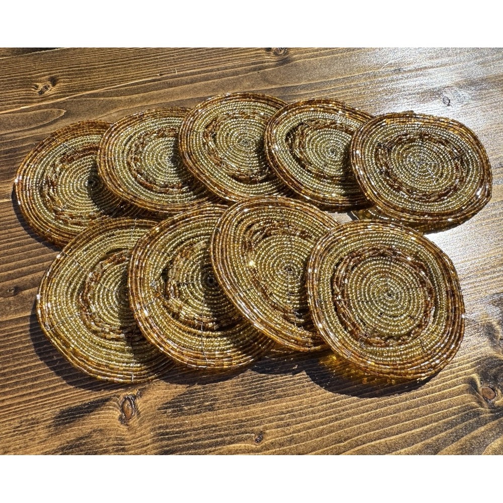 Vintage Glass Beaded Coaster Set 9 Round Amber Gold‎ Handmade Boho Bar Decor